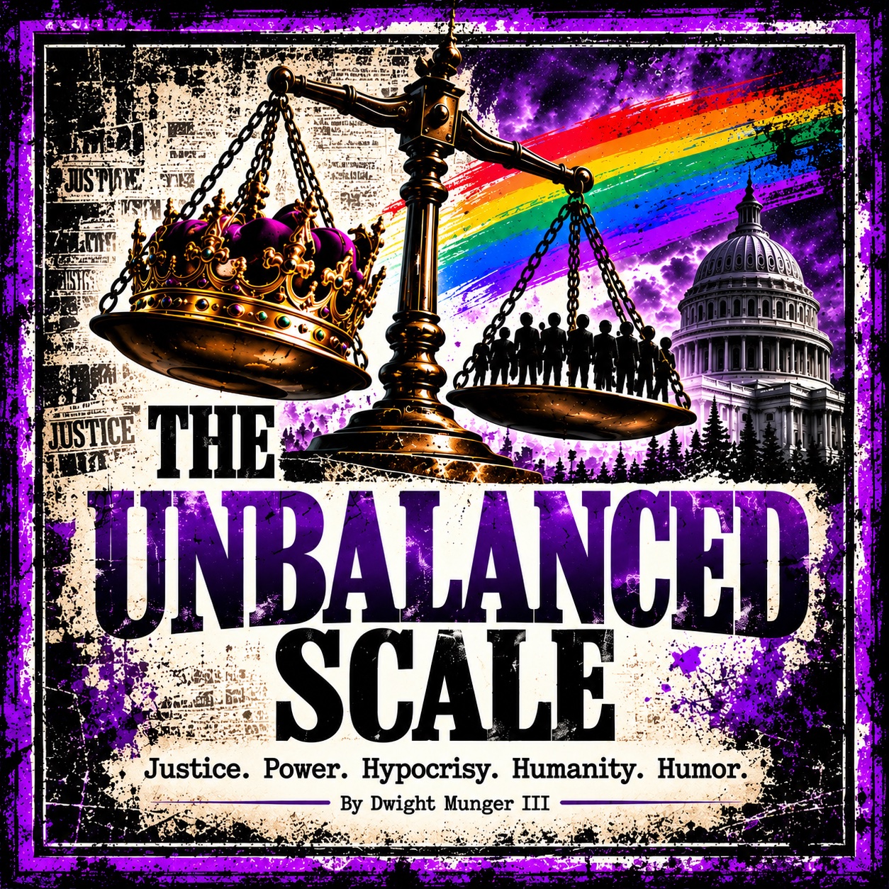 The Unbalanced Scale editorial artwork featuring symbolic scales of justice, a crown, people and the Capitol